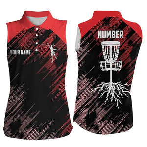 Red Disc golf basket camo custom name, number Women sleeveless disc golf polo shirts, disc golf outfit NQS9066