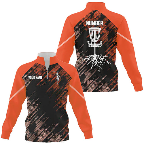 Orange Disc golf basket camo custom name & number Quarter zip disc golf sweatshirt, disc golf sweater NQS9067