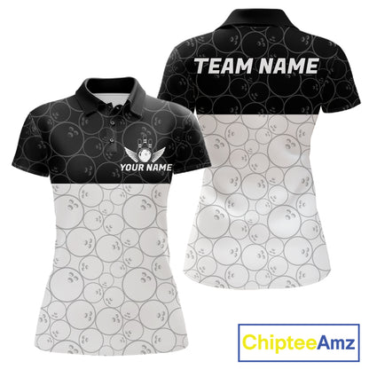 Black and White Bowling Camo Polo, 1/4 Zip Shirts for Women Custom Bowling Team League Bowlers Outfit NQS11701
