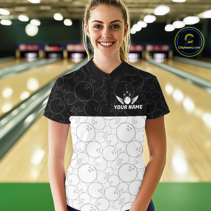 Black and White Bowling Camo Polo, 1/4 Zip Shirts for Women Custom Bowling Team League Bowlers Outfit NQS11701