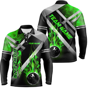 Mens bowling shirts Custom Black bowling ball Flame Bowling Team Jerseys, gift for Bowlers | Green NQS7574