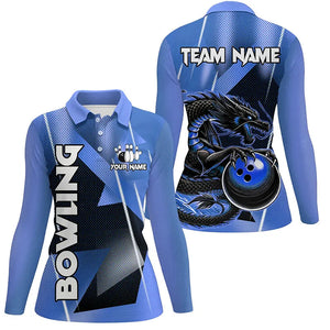 Black And Blue Custom Dragon Bowling Shirts For Women, Dragon Bowling Team Shirts NQS8381