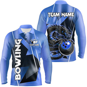 Black And Blue Custom Dragon Bowling Shirts For Men, Dragon Bowling Team Shirts NQS8381