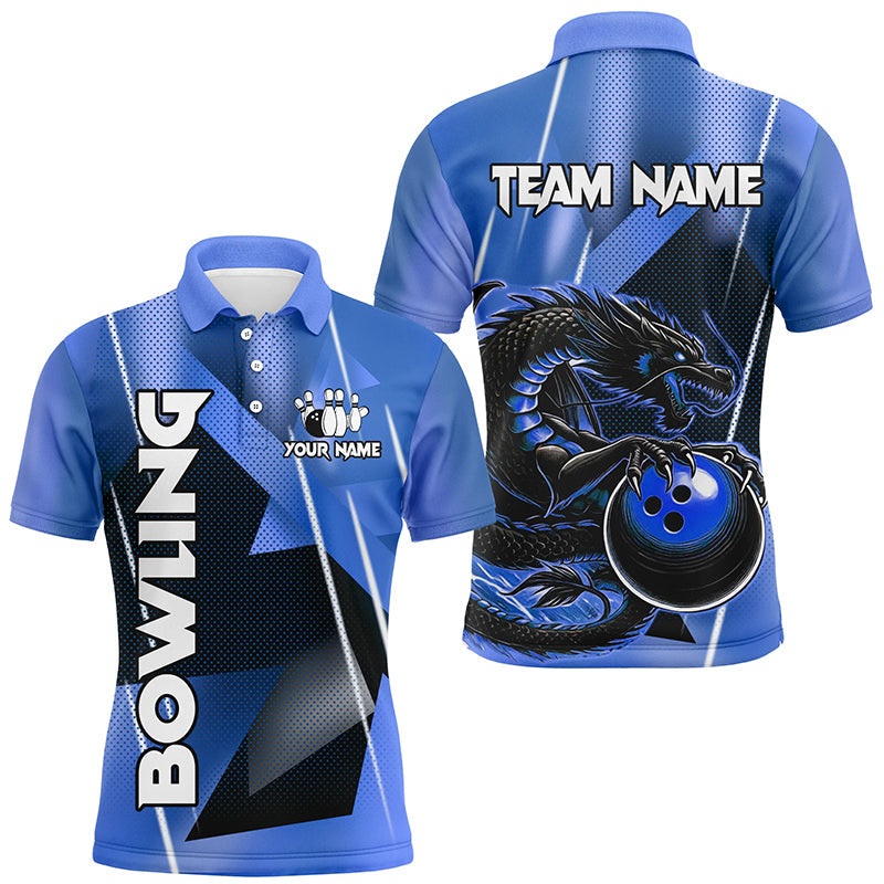 Black And Blue Custom Dragon Bowling Shirts For Men, Dragon Bowling Team Shirts NQS8381