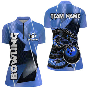 Black And Blue Custom Dragon Bowling Shirts For Women, Dragon Bowling Team Shirts NQS8381