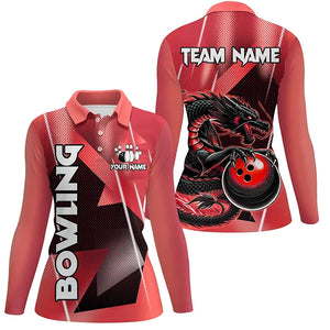 Black And Red Custom Dragon Bowling Shirts For Women, Dragon Bowling Team Shirts NQS8382