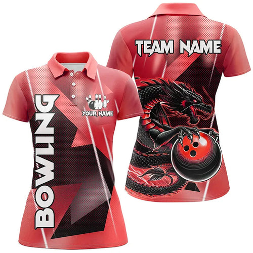 Black And Red Custom Dragon Bowling Shirts For Women, Dragon Bowling Team Shirts NQS8382