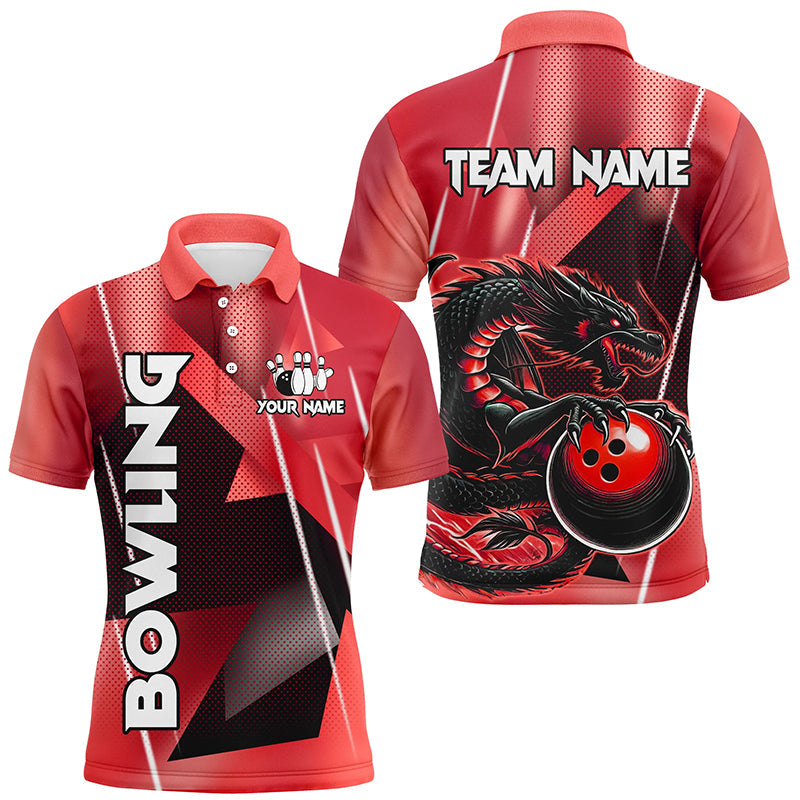 Black And Red Custom Dragon Bowling Shirts For Men, Dragon Bowling Team Shirts NQS8382