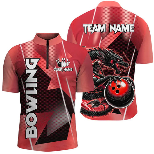 Black And Red Custom Dragon Bowling Shirts For Men, Dragon Bowling Team Shirts NQS8382