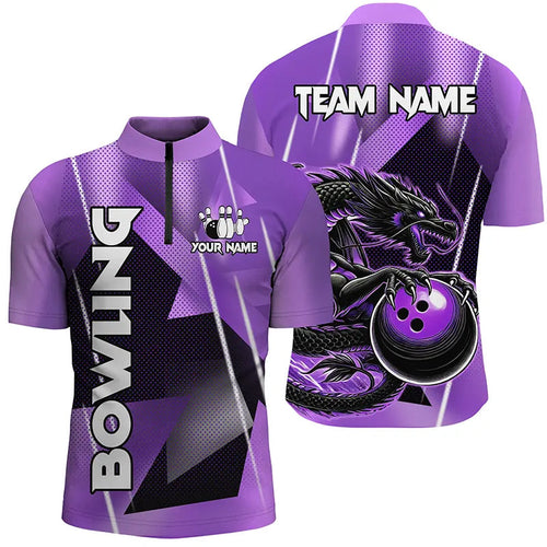 Black And Purple Custom Dragon Bowling Shirts For Men, Dragon Bowling Team Shirts NQS8383