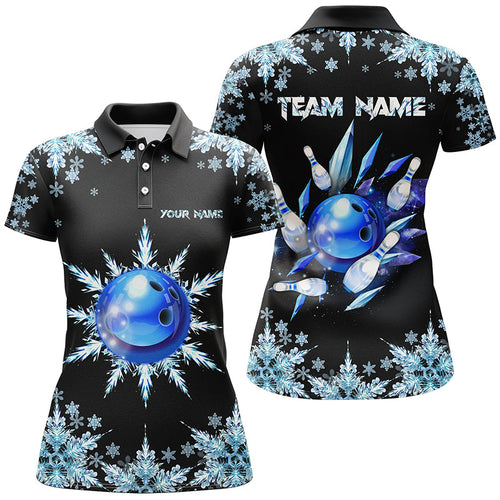 Snowflake Ice Blue Bowling ball and pins Custom Bowling Team Shirt For Women, Christmas Bowling Jersey NQS8600