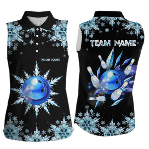 Snowflake Ice Blue Bowling ball pins Custom Bowling sleeveless polo Shirt, Christmas Bowling Jersey NQS8600