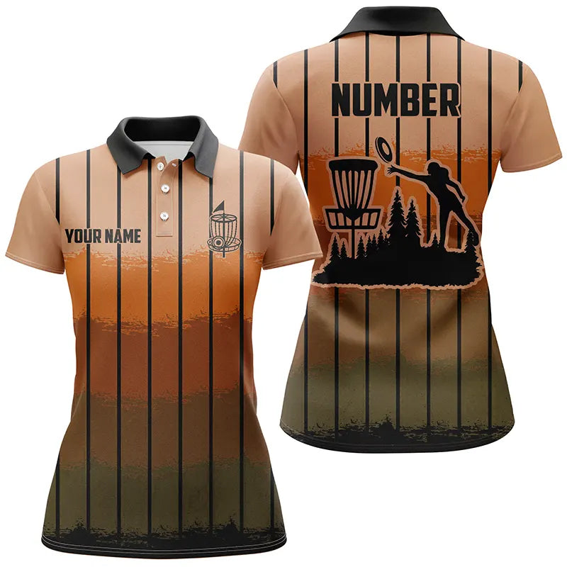 Orange stripe Retro disc golf polo shirt for women custom name and number frisbee golf jerseys NQS9080