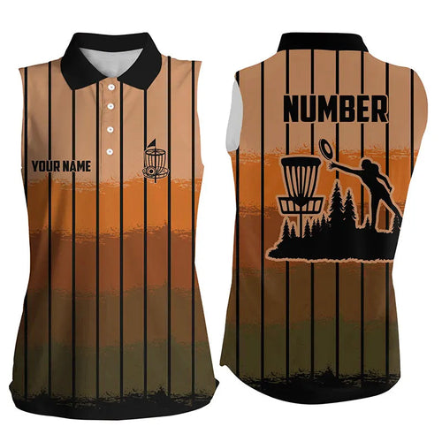 Orange stripe Retro disc golf sleeveless polo shirt custom name and number frisbee golf jerseys NQS9080