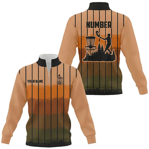 Orange stripe Retro disc golf Quarter zip sweatshirt custom name and number frisbee golf sweater NQS9080