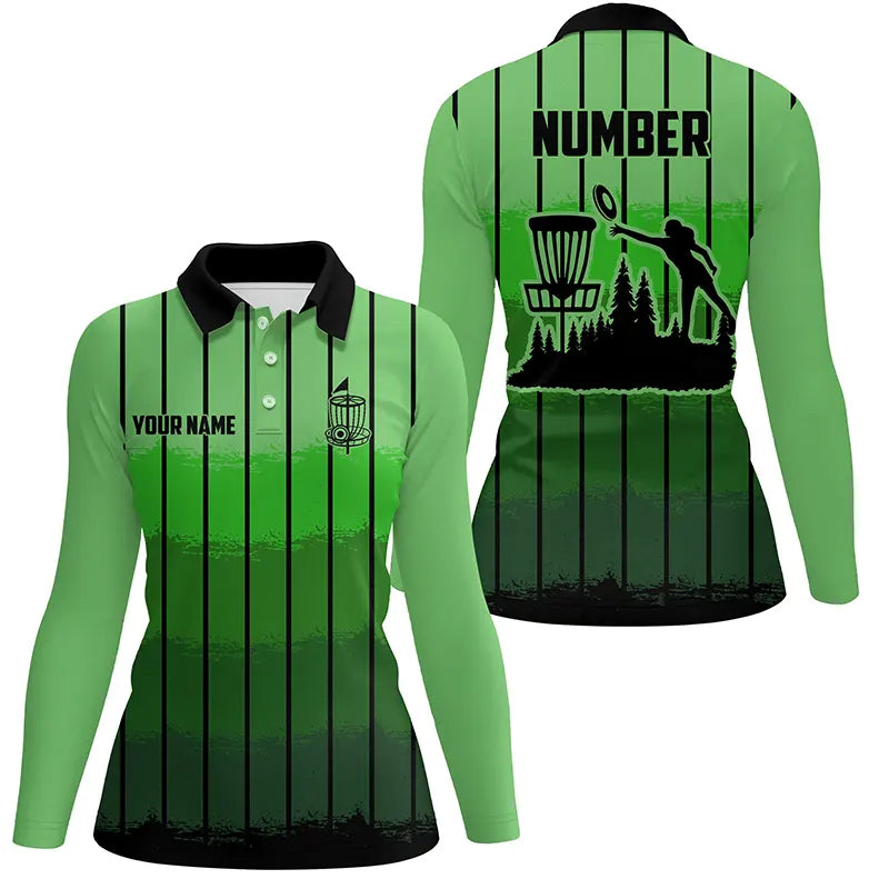 Green stripe Retro disc golf polo shirt for women custom name and number disc golf jerseys NQS9081