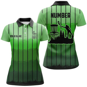 Green stripe Retro disc golf polo shirt for women custom name and number frisbee golf jerseys NQS9081