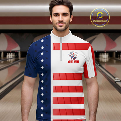 Red, White and Blue American Flag Bowling Shirts For Men Custom Patriotic Bowling Team Jerseys NQS11157
