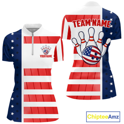 Red, White and Blue American Flag Bowling Shirts For Women Custom Patriotic Bowling Team Jerseys NQS11157
