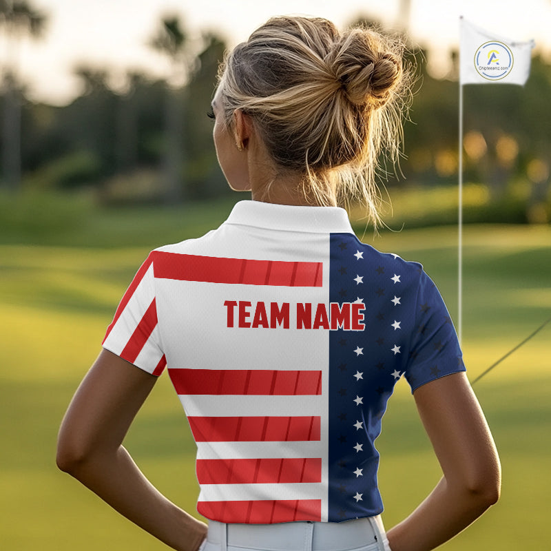 Red, White and Blue American Flag Golf Polo Shirts For Women Custom Patriotic Team Ladies Golf Outfit NQS11158