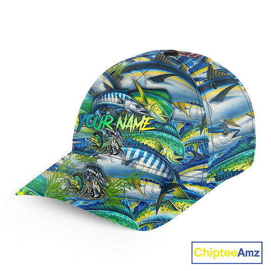 Personalized fishing hats Mahi Mahi, Wahoo, Tuna offshore slam custom Unisex Baseball Angler hat cap NQS11363