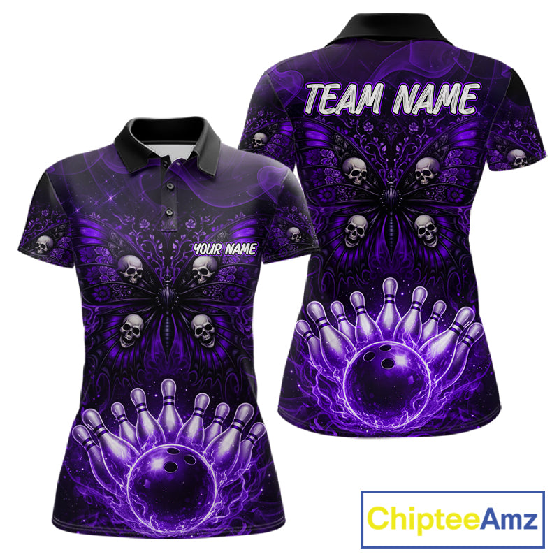 Custom Black & Purple bowling jersey Butterfly skull Bowling Team Shirts, bowling attire for women NQS11367