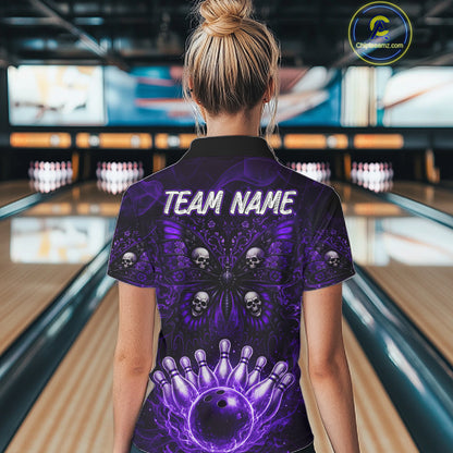 Custom Black & Purple bowling jersey Butterfly skull Bowling Team Shirts, bowling attire for women NQS11367