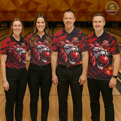 Black and Red Lion Bowling Polo, 1/4 Zip Jersey for Women, Lion Bowling Team League shirts NQS11572