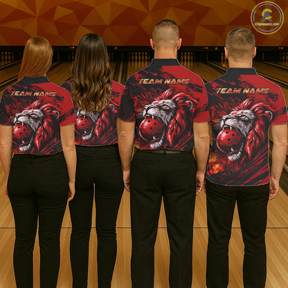 Black and Red Lion Bowling Polo, 1/4 Zip Jersey for Women, Lion Bowling Team League shirts NQS11572
