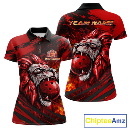 Black and Red Lion Bowling Polo, 1/4 Zip Jersey for Women, Lion Bowling Team League shirts NQS11572
