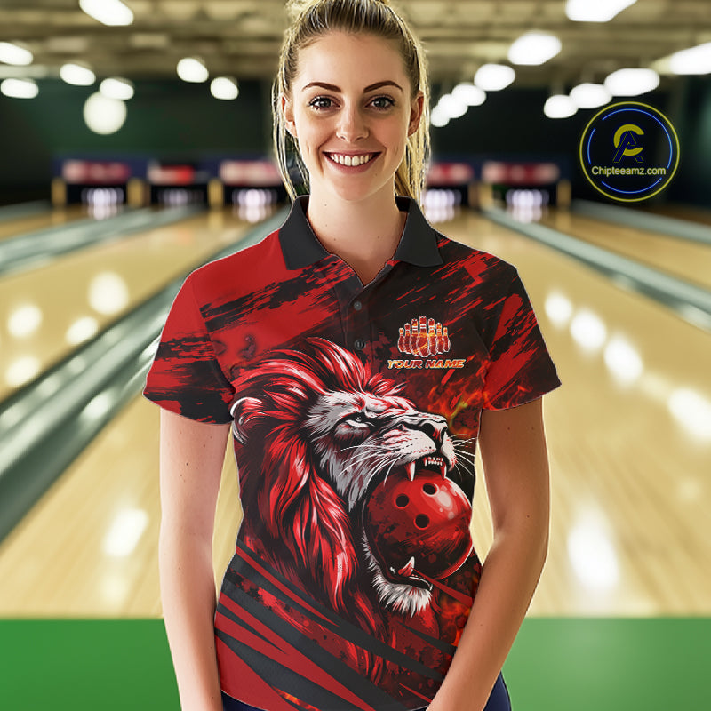 Black and Red Lion Bowling Polo, 1/4 Zip Jersey for Women, Lion Bowling Team League shirts NQS11572