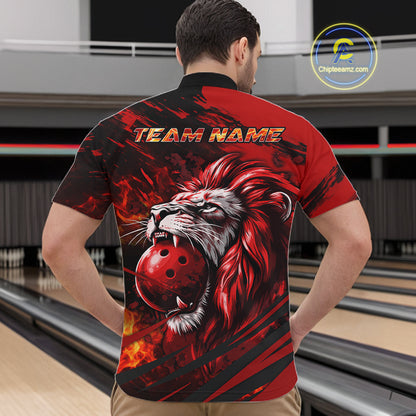 Black and Red Lion Bowling Polo, 1/4 Zip Jersey for Men, Lion Bowling Team League shirts NQS11572