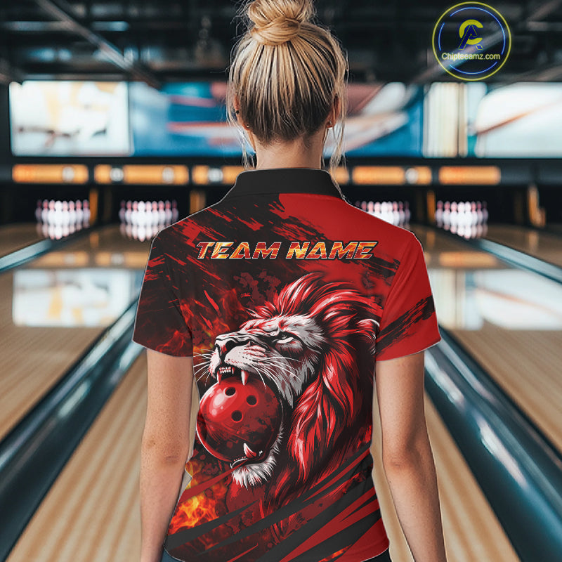 Black and Red Lion Bowling Polo, 1/4 Zip Jersey for Women, Lion Bowling Team League shirts NQS11572