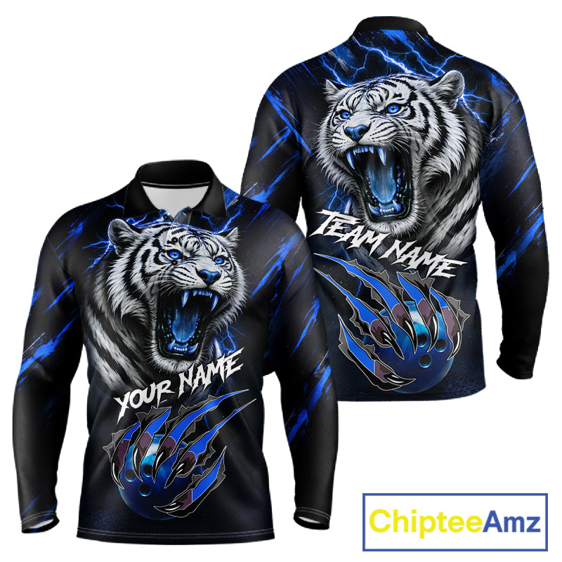 Black & Blue Lightning Thunder Tiger Bowling Polo, 1/4 zip shirts for men custom team Bowling jerseys NQS11575