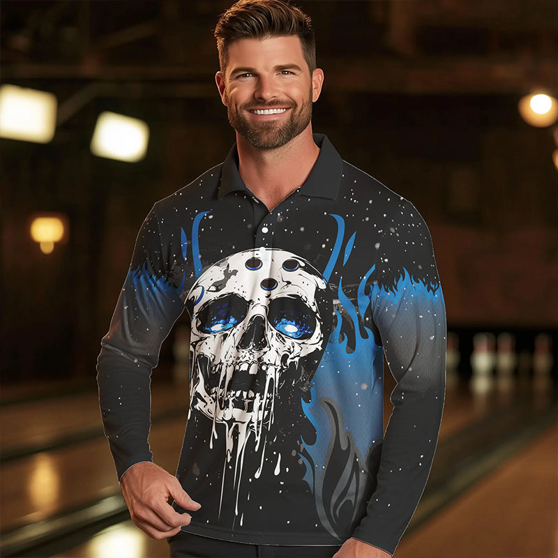 Custom Black and Blue Flame Galaxy Skull Bowling Shirts for Men, Skull Bowling Team Shirts Uniform NQS9622