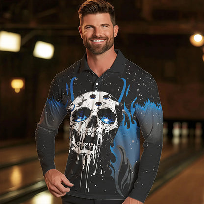Custom Black and Blue Flame Galaxy Skull Bowling Shirts for Men, Skull Bowling Team Shirts Uniform NQS9622
