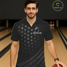 Load image into Gallery viewer, Custom Black American Flag Bowling Team Button-up Shirt, Personalized patriotic Bowling Shirts NQS11706