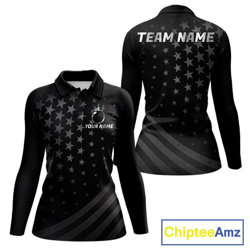 Custom Black American Flag Bowling Team Shirts For Women, Personalized patriotic Bowling League Shirt NQS11706
