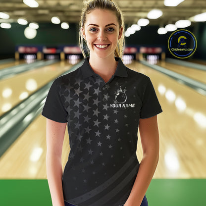 Custom Black American Flag Bowling Team Shirts For Women, Personalized patriotic Bowling League Shirt NQS11706