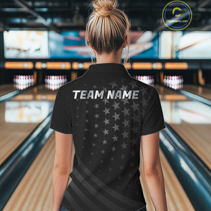 Custom Black American Flag Bowling Team Shirts For Women, Personalized patriotic Bowling League Shirt NQS11706