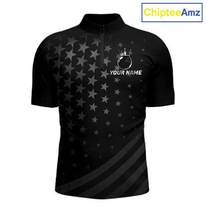 Custom Black American Flag Bowling Team Shirts For Men, Personalized patriotic Bowling League Shirts NQS11706