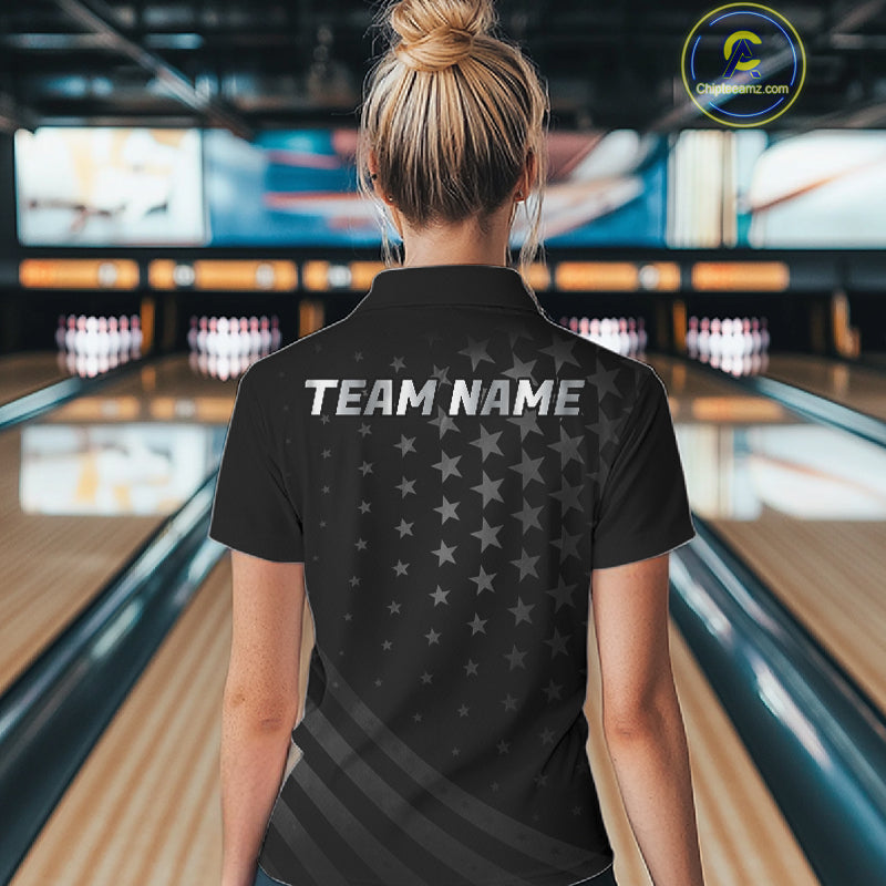 Custom Black American Flag Bowling Team Shirts For Women, Personalized patriotic Bowling League Shirt NQS11706