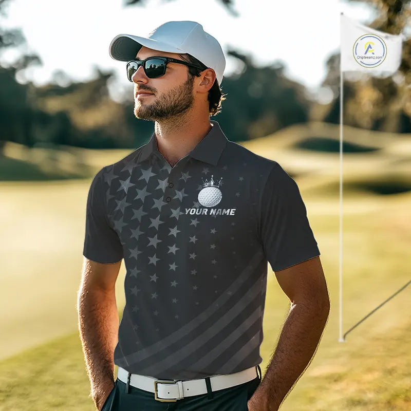 Custom Black American Flag Golf Team Shirts For Men, Personalized patriotic Mens Golf top NQS11707
