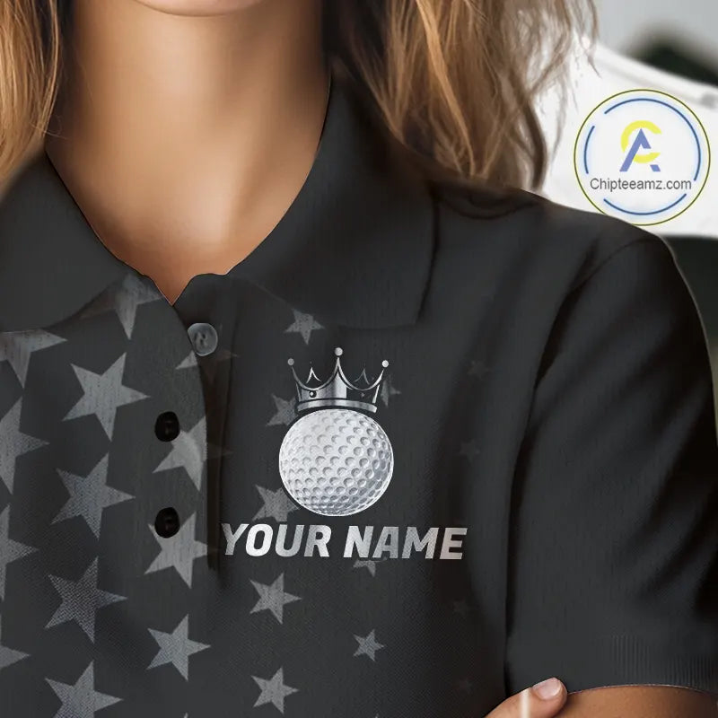 Custom Black American Flag Golf Team Shirts For Women, Personalized patriotic Ladies Golf top NQS11707