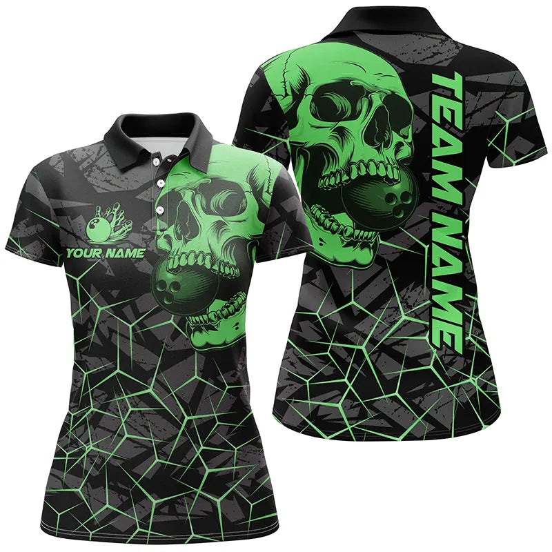 Black Skull camo bowling shirt for women custom bowling team jerseys, gifts for bowlers | Green NQS7715