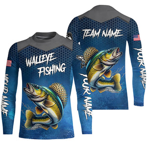 Blue camo Walleye fishing Custom performance long sleeve team Walleye fishing tournament shirts NQS7718