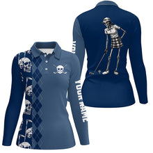 Load image into Gallery viewer, Blue navy skull argyle pattern custom Women golf polo shirts, women's golf tops NQS7719