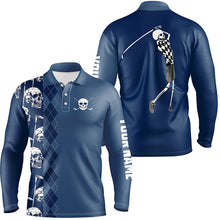 Load image into Gallery viewer, Blue navy skull argyle pattern custom Mens golf polo shirts, best men's golf wear NQS7719