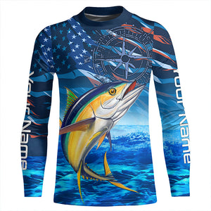 Personalized Tuna Saltwater Blue Camo American flag patriotic Long Sleeve Performance Fishing Shirts NQS5845