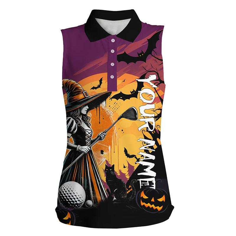 Halloween Witch play golf Sleeveless polo shirt custom golf attire for women, Halloween golfer gifts NQS8400